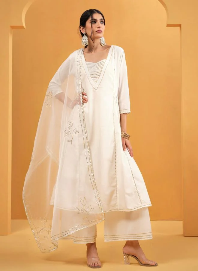 ISHIN Women's White Cotton Embellished A-Line Tunic Upperwear Calf Length Palazzo Bottomwear Flowy 3 Peice Kurta Set