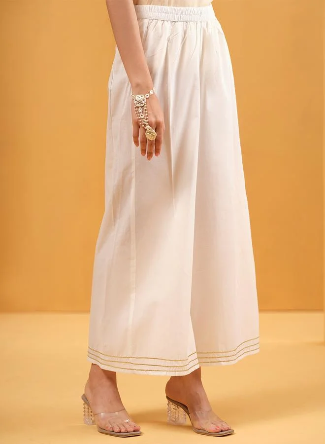 ISHIN Women's White Cotton Embellished A-Line Tunic Upperwear Calf Length Palazzo Bottomwear Flowy 3 Peice Kurta Set