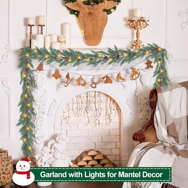 Artgar Christmas Cedar Garland, 6 Ft Realistic Pine Garland, Prelit Christmas Garland with 30 Warm Lights with 8 Light Modes for Mantels Stair Table Indoor Outdoor Winter Xmas Decor (White-Green) - Image 5