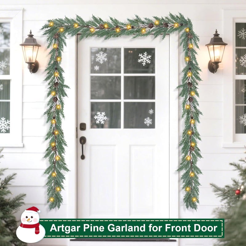 Artgar Christmas Cedar Garland, 6 Ft Realistic Pine Garland, Prelit Christmas Garland with 30 Warm Lights with 8 Light Modes for Mantels Stair Table Indoor Outdoor Winter Xmas Decor (White-Green) - Image 4
