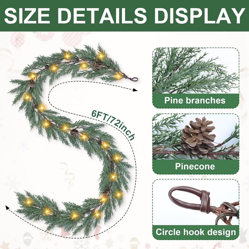 Artgar Christmas Cedar Garland, 6 Ft Realistic Pine Garland, Prelit Christmas Garland with 30 Warm Lights with 8 Light Modes for Mantels Stair Table Indoor Outdoor Winter Xmas Decor (White-Green) - Image 2