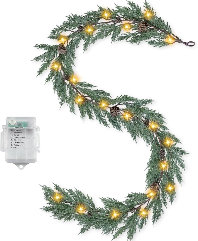 Artgar Christmas Cedar Garland, 6 Ft Realistic Pine Garland, Prelit Christmas Garland with 30 Warm Lights with 8 Light Modes for Mantels Stair Table Indoor Outdoor Winter Xmas Decor (White-Green) - Image 1