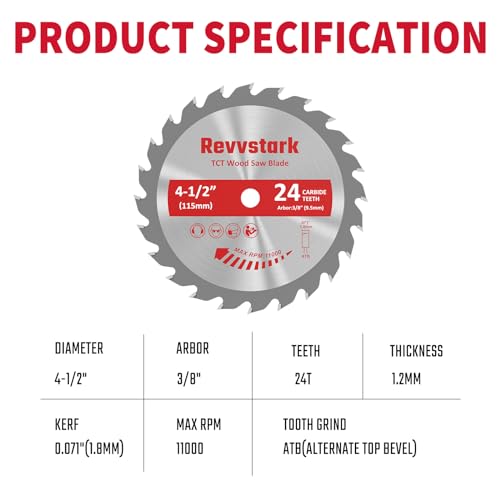 Revvstark 4 Pack 4 1/2 Circular Saw Blade 24T Carbide Tipped Teeth, Compact TCT Saw Blades for Cutting Various Wood, Plastic and Composite Materials, 3/8" Arbor, Fit Dewalt Craftsman Ryobi Milwaukee - Image 2