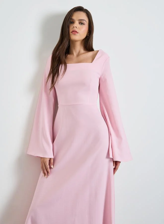 Take Two Pink Solid Square Neck Long Sleeves A-Line Maxi Dress
