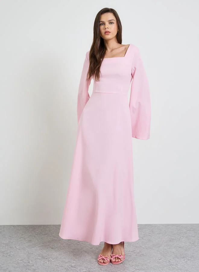 Take Two Pink Solid Square Neck Long Sleeves A-Line Maxi Dress