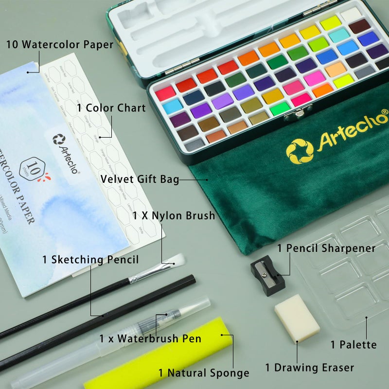 Artecho Watercolor Paint Set 50 Colors, Travel Watercolor Set with Watercolor Papers and Brushes, Ideal for Amateur Hobbyists, Painting Lovers and Artists - Image 3
