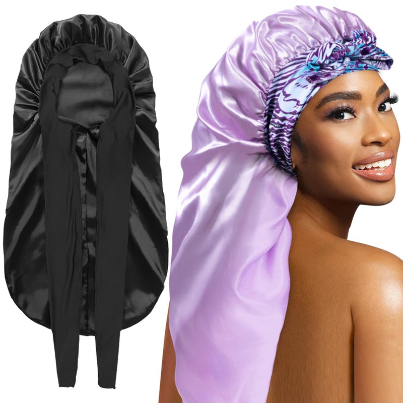 WOZUTUNT 2Pcs Bonnets for Black Women Braid Bonnet, Large Long Satin Silk Bonnet for Braids,Black Women Braid Bonnet with Stretchy Tie Band for Sleeping Extra Long (Black&Light Purple Pattern - Image 1