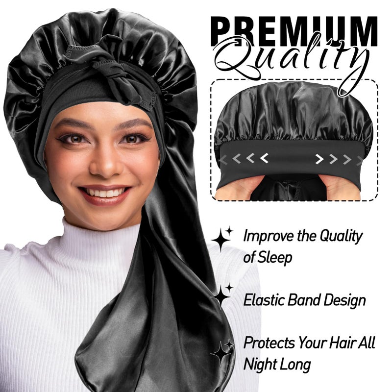WOZUTUNT 2Pcs Bonnets for Black Women Braid Bonnet, Large Long Satin Silk Bonnet for Braids,Black Women Braid Bonnet with Stretchy Tie Band for Sleeping Extra Long (Black&Light Purple Pattern - Image 2
