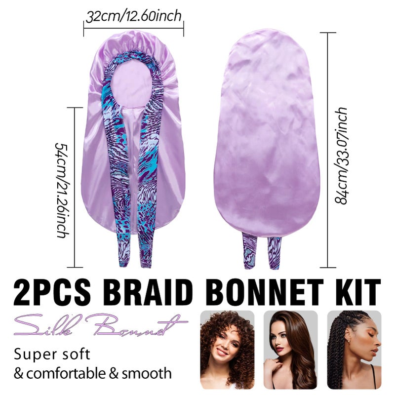 WOZUTUNT 2Pcs Bonnets for Black Women Braid Bonnet, Large Long Satin Silk Bonnet for Braids,Black Women Braid Bonnet with Stretchy Tie Band for Sleeping Extra Long (Black&Light Purple Pattern - Image 5