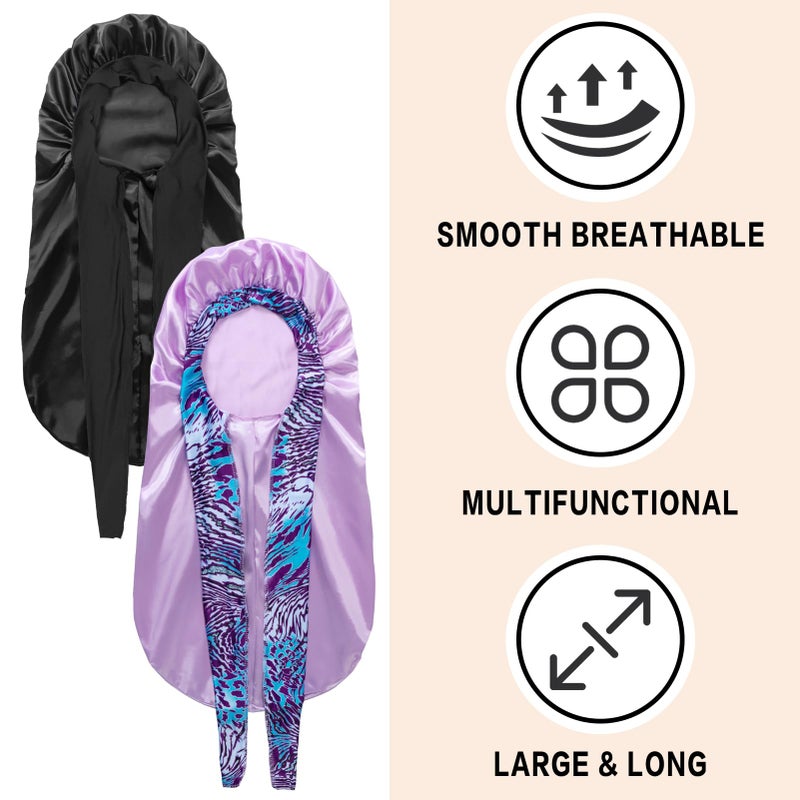 WOZUTUNT 2Pcs Bonnets for Black Women Braid Bonnet, Large Long Satin Silk Bonnet for Braids,Black Women Braid Bonnet with Stretchy Tie Band for Sleeping Extra Long (Black&Light Purple Pattern - Image 4