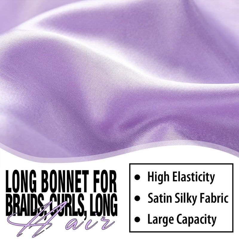 WOZUTUNT 2Pcs Bonnets for Black Women Braid Bonnet, Large Long Satin Silk Bonnet for Braids,Black Women Braid Bonnet with Stretchy Tie Band for Sleeping Extra Long (Black&Light Purple Pattern - Image 3