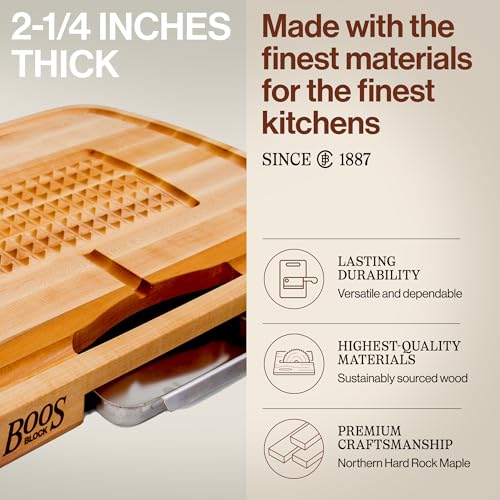 Boos Block John Boos Maple Wood Cutting Board, 24”x18” – 2.25” Thick, 31-lb Reversible Wooden Butcher Block with Catch Pan, Sloped Juice Groove, Edge-Grain & Finger Grips - Carving Series - Image 3
