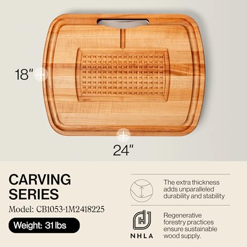 Boos Block John Boos Maple Wood Cutting Board, 24”x18” – 2.25” Thick, 31-lb Reversible Wooden Butcher Block with Catch Pan, Sloped Juice Groove, Edge-Grain & Finger Grips - Carving Series - Image 2
