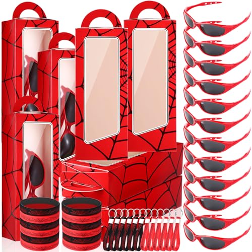 Tellegloww 48 Pcs Spider Birthday Party Supplies Favors Gifts Include 12 Spider Web Goodie Gift Boxes 12 Sunglasses 12 Bracelet 12 Keychain for Character Costume Party Decoration SuppliesRed - Image 1