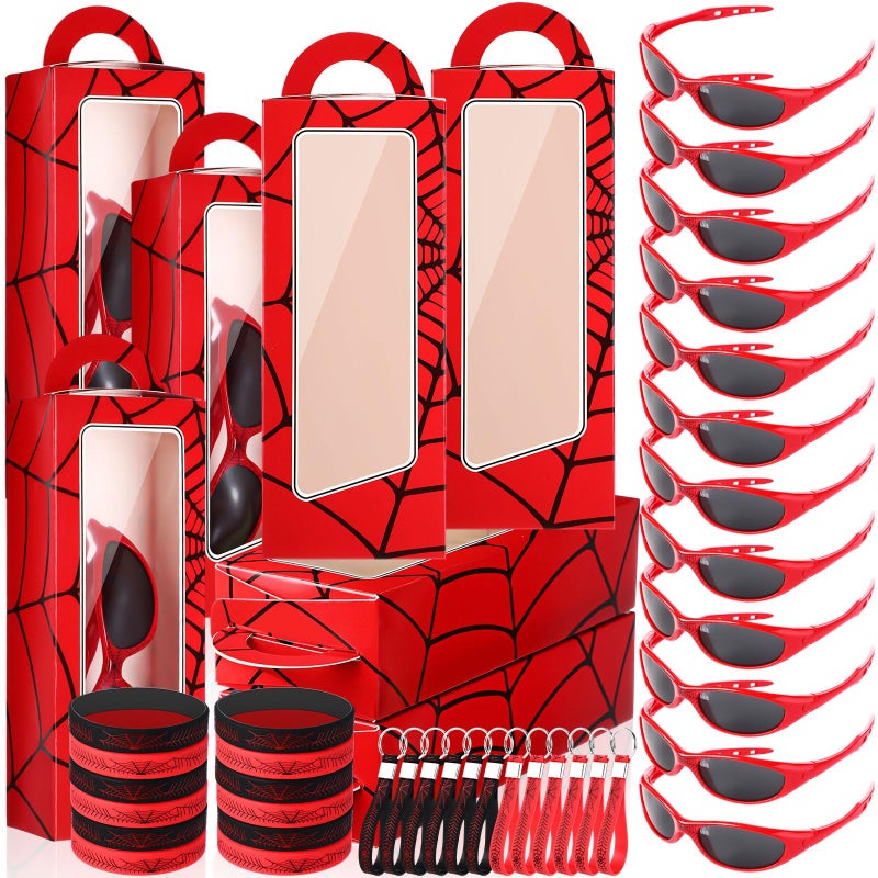 Tellegloww 48 Pcs Spider Birthday Party Supplies Favors Gifts Include 12 Spider Web Goodie Gift Boxes 12 Sunglasses 12 Bracelet 12 Keychain for Character Costume Party Decoration SuppliesRed - Image 2
