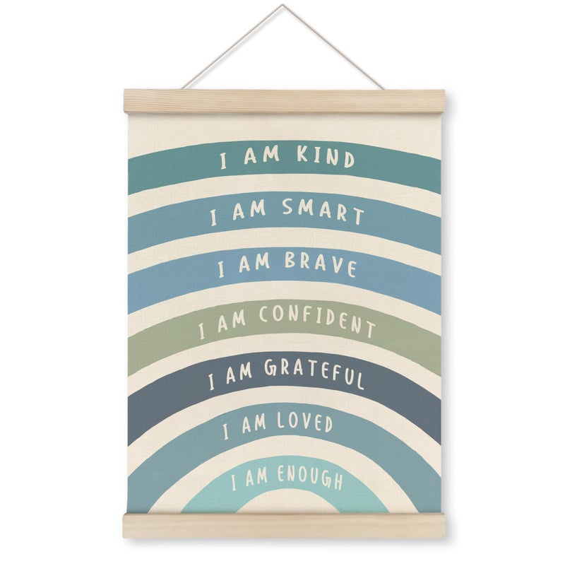 Hrqko Blue I Am Kind Smart Inspirational Poster Hanger Frame  Boho Rainbow Wall Art With Wooden Frames  Positive Affirmation Hanging Decor For Nursery Toddler Room  Mental Health Decor  12X16 Inch - Image 1