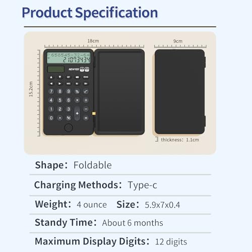 NEWYES Portable Calculator with Notepad, 2-Line 12-Digits Large Display, Rechargeable Solar Power Desk Calculator for Office School Students (Black) - Image 5