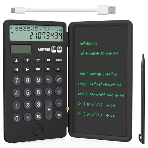NEWYES Portable Calculator with Notepad, 2-Line 12-Digits Large Display, Rechargeable Solar Power Desk Calculator for Office School Students (Black) - Image 1