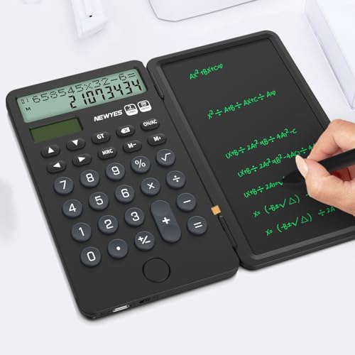 NEWYES Portable Calculator with Notepad, 2-Line 12-Digits Large Display, Rechargeable Solar Power Desk Calculator for Office School Students (Black) - Image 3