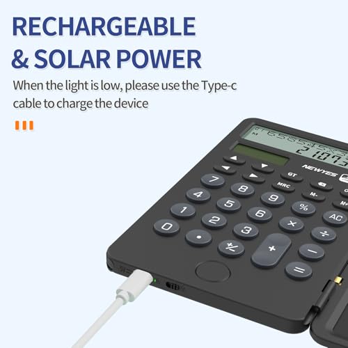 NEWYES Portable Calculator with Notepad, 2-Line 12-Digits Large Display, Rechargeable Solar Power Desk Calculator for Office School Students (Black) - Image 4