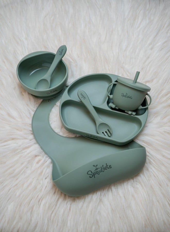 Sproutlets 6 Pcs Silicone Baby Feeding Set | BPA-Free Baby Dinner Set with Suction Plate, Bowl, Bib, Cup, Spoon & Fork | Microwave & Dishwasher Safe | 6+ Months (Olive Green) - Image 1