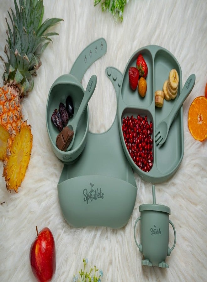 Sproutlets 6 Pcs Silicone Baby Feeding Set | BPA-Free Baby Dinner Set with Suction Plate, Bowl, Bib, Cup, Spoon & Fork | Microwave & Dishwasher Safe | 6+ Months (Olive Green) - Image 2