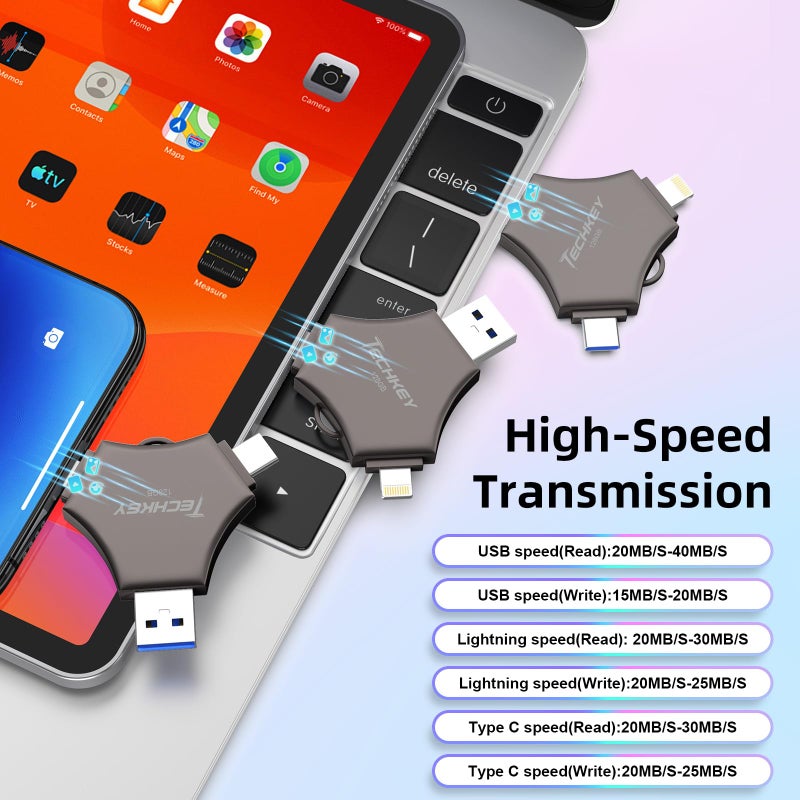 TECHKEY MFi Certified USB 3.0 Flash Drive 128GB for iPhone, 3in1 External Memory Photo Keeper Storage Stick for Picture/Video/Data Saver/Backup, High Speed Thumb/Jump/Hard Drives for iPad/Android/PC (Black) - Image 4