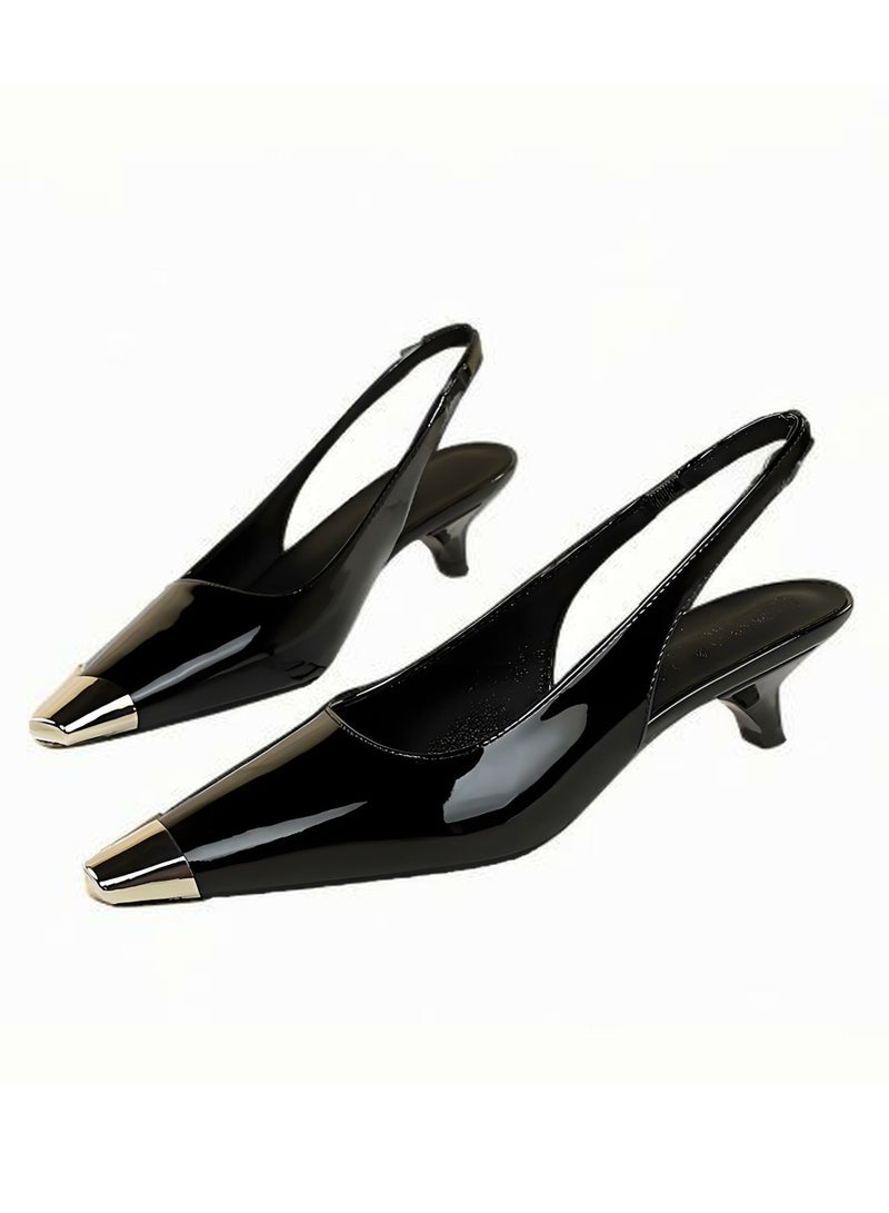 بيج تري المرأة المعدنية مغلقة مربع إصبع القدم قطة كعب مضخات مع حزام ساندال أسود 3.5CM - Image 1