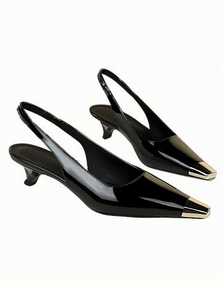 بيج تري المرأة المعدنية مغلقة مربع إصبع القدم قطة كعب مضخات مع حزام ساندال أسود 3.5CM - Image 2