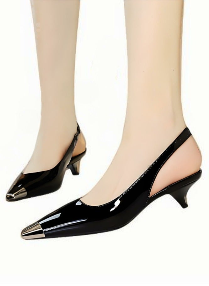 بيج تري المرأة المعدنية مغلقة مربع إصبع القدم قطة كعب مضخات مع حزام ساندال أسود 3.5CM - Image 3