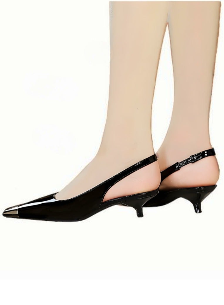 بيج تري المرأة المعدنية مغلقة مربع إصبع القدم قطة كعب مضخات مع حزام ساندال أسود 3.5CM - Image 4