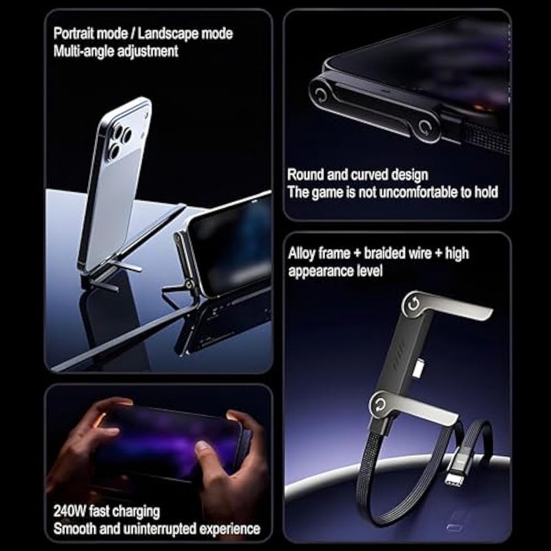 سي كيب كيبل شحن غير مرئي 2 في 1 240 واط مع حامل موبايل قابل للطي، سلك USB-C بزاوية 90 درجة، حامل قابل للتعديل لايفون 15-17/الهواتف الذكية/التابلت (قطعة واحدة) - Image 5