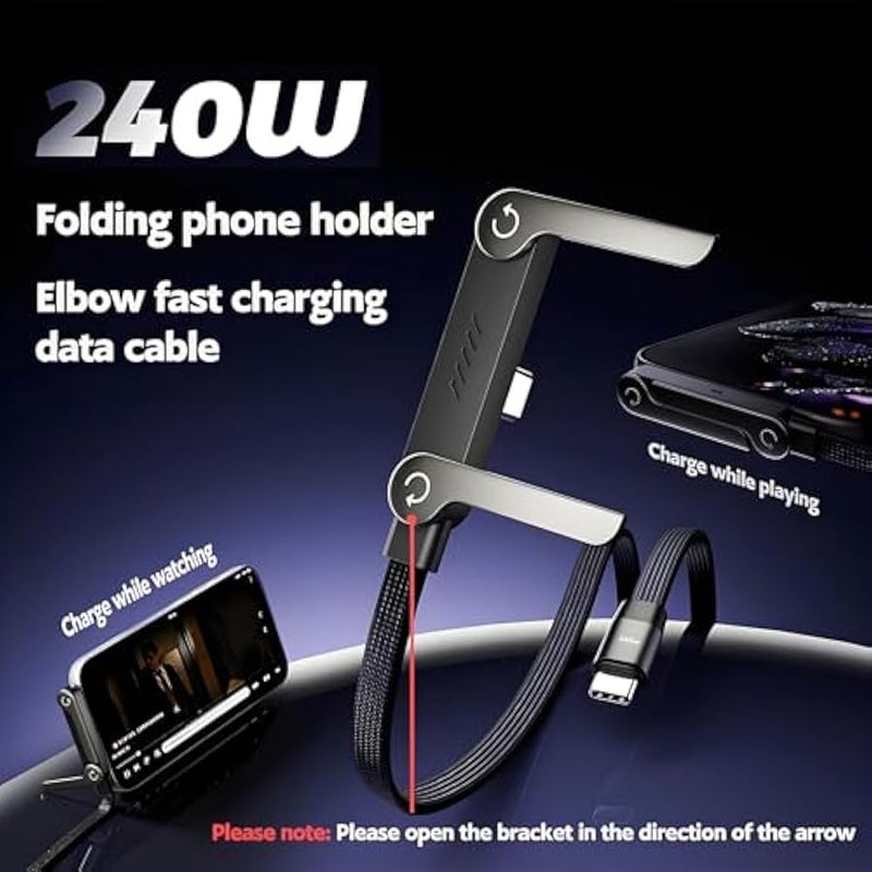 سي كيب كيبل شحن غير مرئي 2 في 1 240 واط مع حامل موبايل قابل للطي، سلك USB-C بزاوية 90 درجة، حامل قابل للتعديل لايفون 15-17/الهواتف الذكية/التابلت (قطعة واحدة) - Image 3