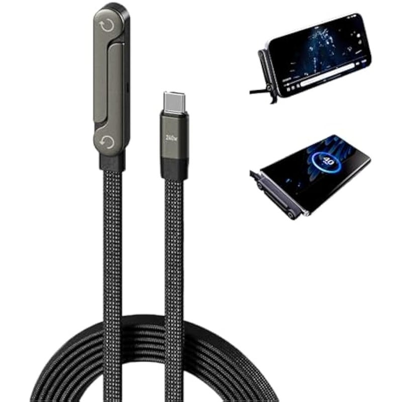 سي كيب كيبل شحن غير مرئي 2 في 1 240 واط مع حامل موبايل قابل للطي، سلك USB-C بزاوية 90 درجة، حامل قابل للتعديل لايفون 15-17/الهواتف الذكية/التابلت (قطعة واحدة) - Image 1