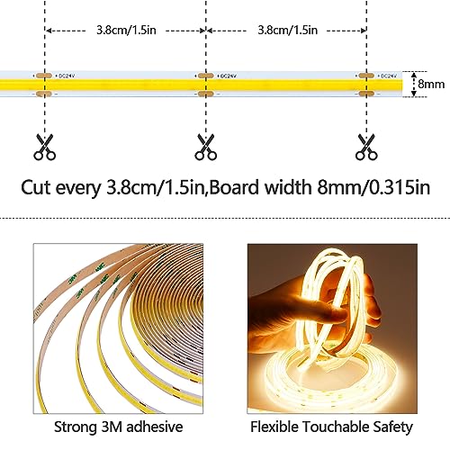 GOMING 24V 32.8ft(10M) COB LED Strip Light Dimmable Warm White 3000K with LED Dimmer 24V 3A 72W Power Supply 3120LEDs CRI 93+ 6300lm IP20 Not Waterproof LED Tape Lights for DIY Home Decor - Image 2