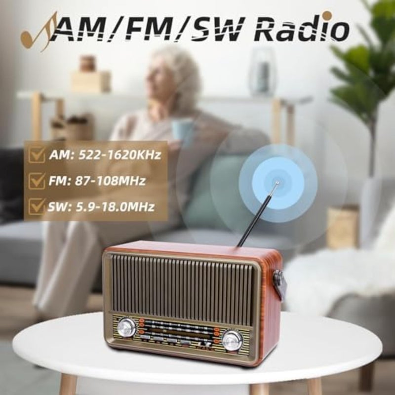 Vintage Bluetooth Radio, AM/FM/SW Retro Wood with Built-in Speaker, Portable Classic Radio with Rotary Tuning and USB/TF Playback, Easy-Use for Home and Elderly - Image 3