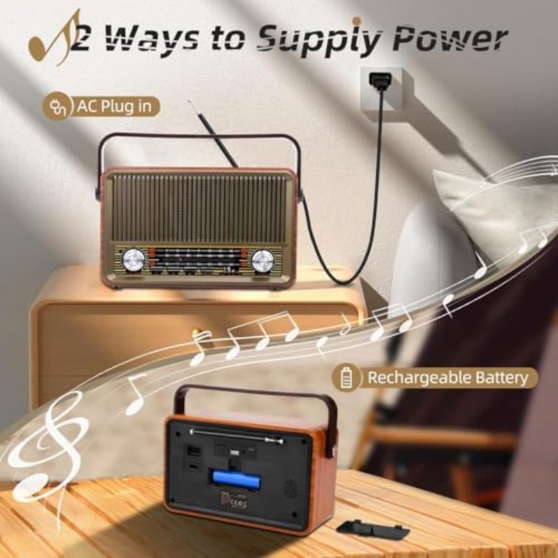Vintage Bluetooth Radio, AM/FM/SW Retro Wood with Built-in Speaker, Portable Classic Radio with Rotary Tuning and USB/TF Playback, Easy-Use for Home and Elderly - Image 4