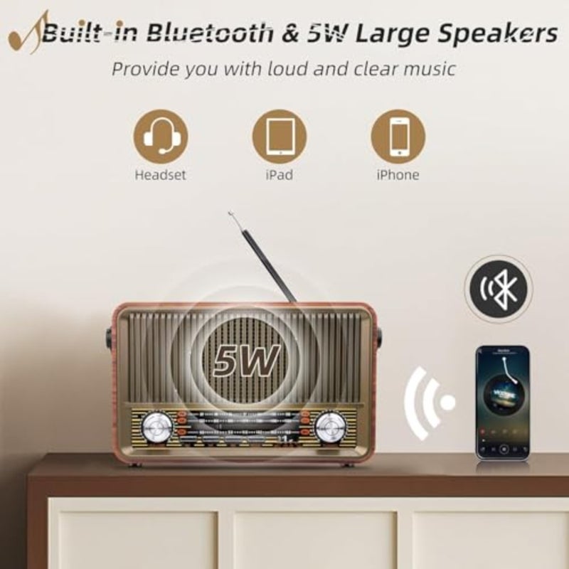 Vintage Bluetooth Radio, AM/FM/SW Retro Wood with Built-in Speaker, Portable Classic Radio with Rotary Tuning and USB/TF Playback, Easy-Use for Home and Elderly - Image 2