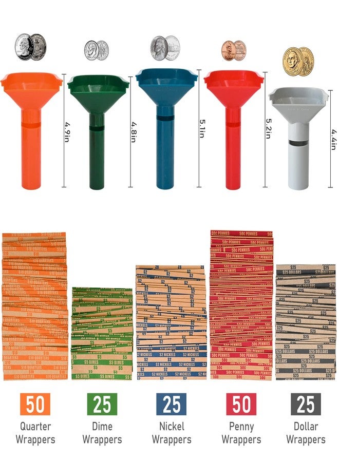 L LIKED 175 Assorted Flat Striped Coin Wrappers & 5 Coin Sorters Tubes, Color-Coded,Easy to Load - Image 2