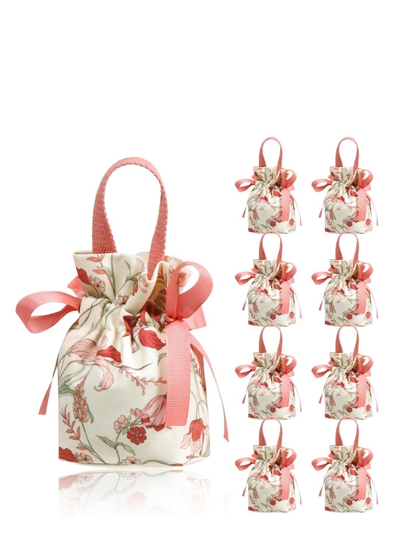 KH  12pcs Elegant Floral Drawstring Gift Bags with Pink Ribbon Accents - Soft, Durable Polyester, Reusable - Ideal for Weddings, Parties, Jewelry & Candy Storage, Small Gift Bags - Image 2