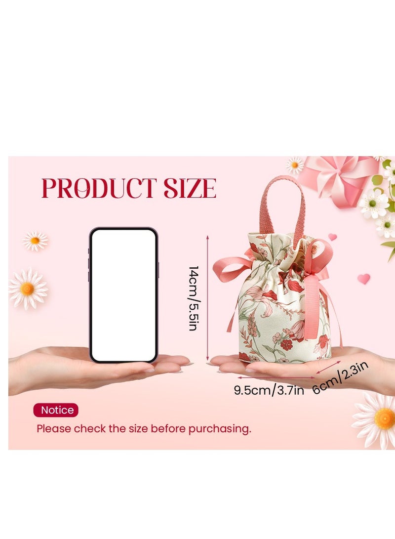 KH  12pcs Elegant Floral Drawstring Gift Bags with Pink Ribbon Accents - Soft, Durable Polyester, Reusable - Ideal for Weddings, Parties, Jewelry & Candy Storage, Small Gift Bags - Image 3