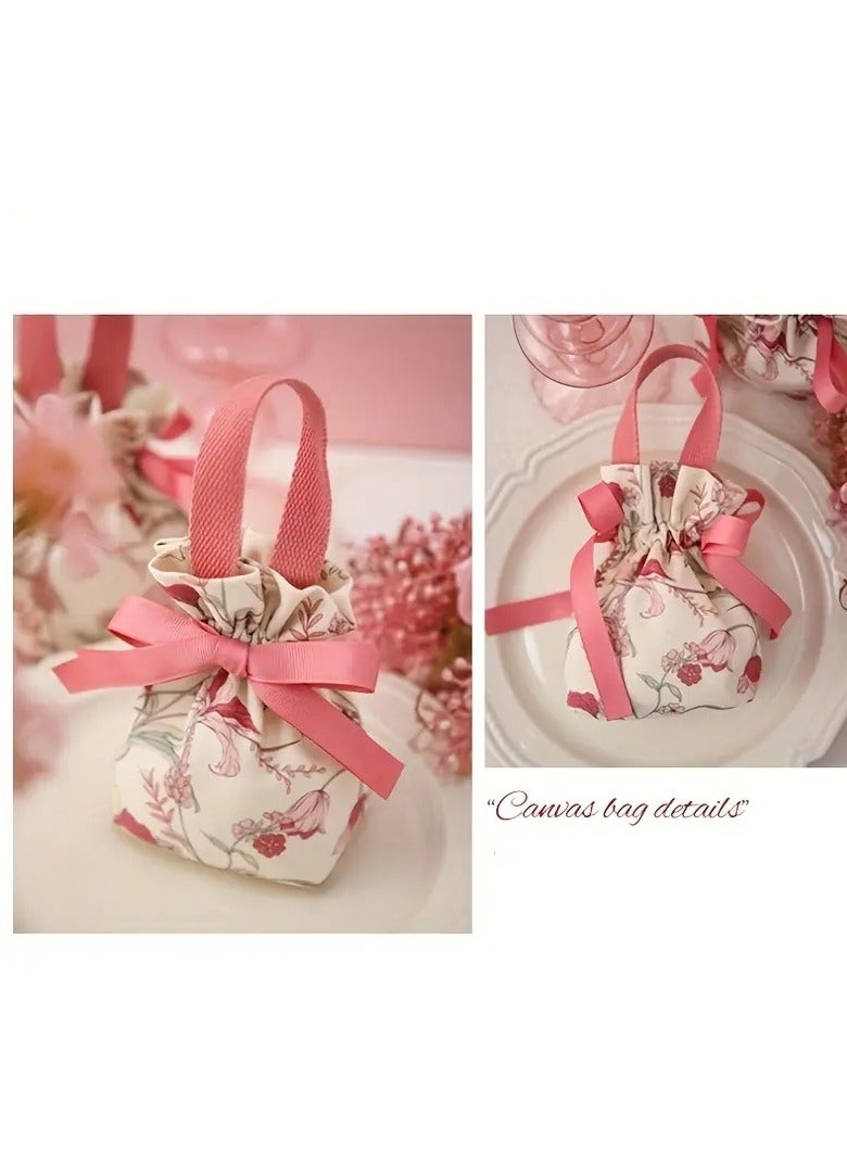 KH  12pcs Elegant Floral Drawstring Gift Bags with Pink Ribbon Accents - Soft, Durable Polyester, Reusable - Ideal for Weddings, Parties, Jewelry & Candy Storage, Small Gift Bags - Image 4