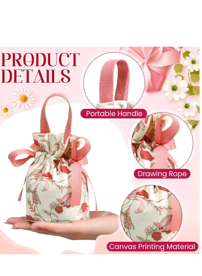 KH  12pcs Elegant Floral Drawstring Gift Bags with Pink Ribbon Accents - Soft, Durable Polyester, Reusable - Ideal for Weddings, Parties, Jewelry & Candy Storage, Small Gift Bags - Image 5
