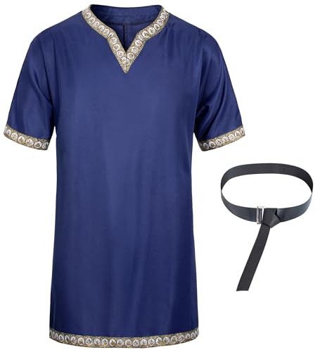 TOGROP Mens Medieval Costume Viking Pirate Tunic Knight Warrior Renaissance Shirts with Belt Blue L - Image 4