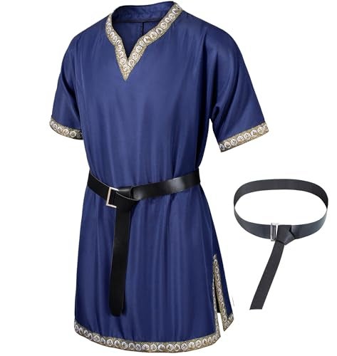 TOGROP Mens Medieval Costume Viking Pirate Tunic Knight Warrior Renaissance Shirts with Belt Blue L - Image 3
