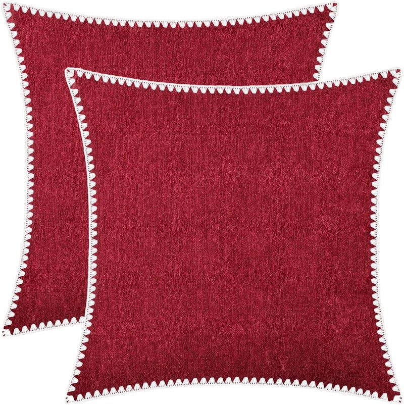BRAWARM Throw Pillow Covers 22x22 Inches - Deep Red Chenille Pillow Covers with Shell Edge, Pack of 2 Solid Dyed Soft Chenille Pillow Cases for Couch Sofa Bed Home Decoration - Image 1