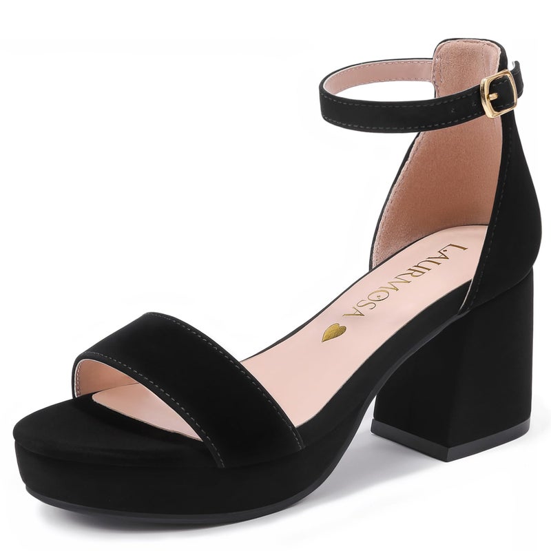 LAURMOSA Girls Dress Shoes Flower Girl Shoes Black High Heels for Kids Dress Sandals Wedding Party Dance Pageant Formal Ankle Strap Chunky Block Heels Platform Pumps Big Kids Size 3(L1038NuBlack 3) - Image 1