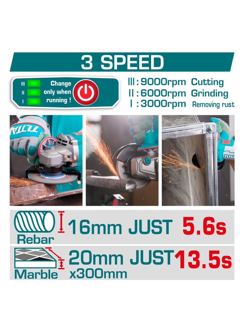 TOTAL 20V Brushless Cordless Angle Grinder (1200W Power) - 125mm (5") Cutter with 3-Speed Control, 2x 5.0Ah High-Capacity Batteries, Anti-Vibration Handle & 10 Discs - TAGLI2120272 - Image 2