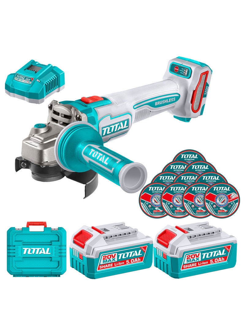 TOTAL 20V Brushless Cordless Angle Grinder (1200W Power) - 125mm (5") Cutter with 3-Speed Control, 2x 5.0Ah High-Capacity Batteries, Anti-Vibration Handle & 10 Discs - TAGLI2120272 - Image 1