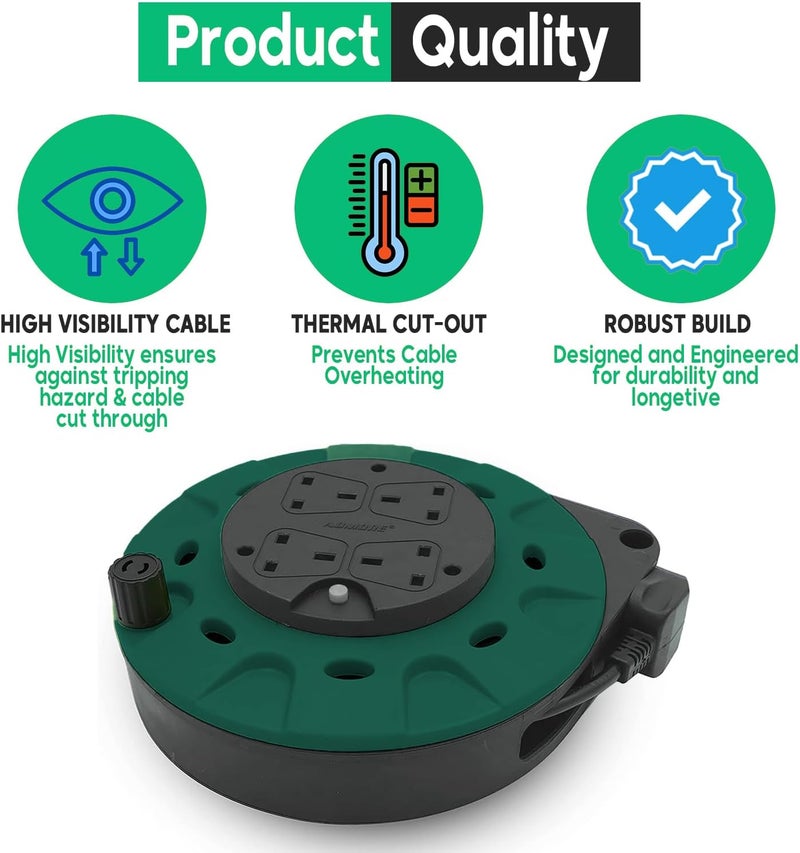 ADMORE England Green & Black 10 meters Power Extension Reel With 4 Socket Power Cable Extensions | 4-way Outlets | Retractable Power Strip | Round extension Cord | 1.25mm 99.9% Pure Copper Cable - Image 4